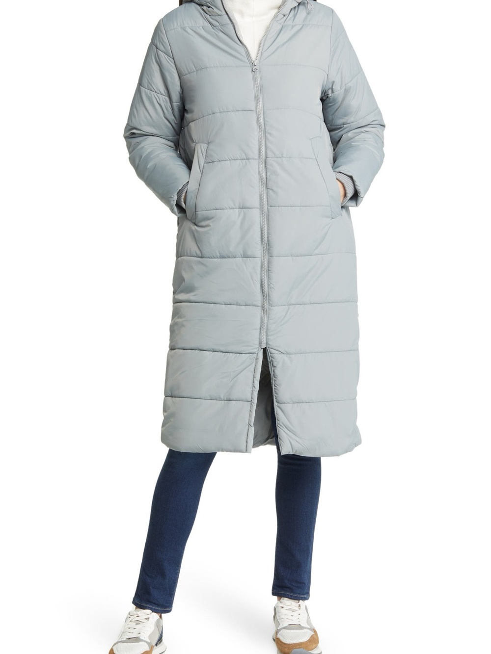 NWT Modern Eternity Maternity Light Gray Long Puffer Coat with Hood